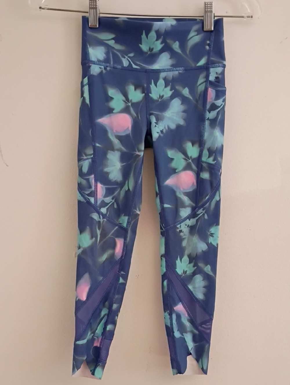 Girls' Blue Floral Active Leggings with Pink Accents